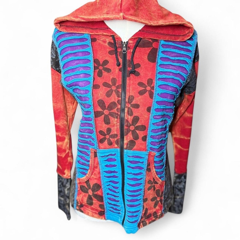 boho festival art show patchwork hoodie womens medium - cotton hippie zip up